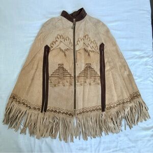 Vintage Hand Burned Pyrography Suede Leather Mexican Fringed Poncho